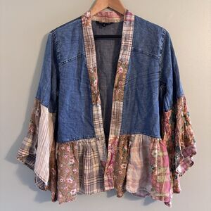 Young Threads Kimono Cardigan Jacket S Denim Patchwork Boho Nomad Festival
